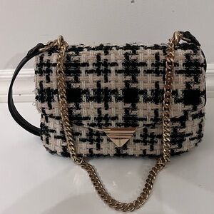 Chic Black & Cream Tweed Houndstooth Crossbody Chain Shoulder Bag